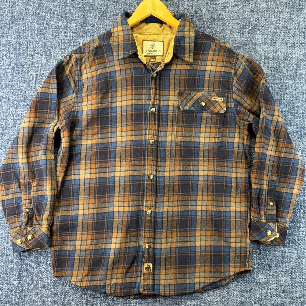 Legendary Whitetails Buck Camp Flannel Mens Large Blue Tan Cotton Plaid Shirt